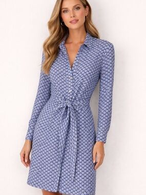 Daniela Corte Blue Floral Shirt Dress Tie Waist Size S Made in USA No Pockets